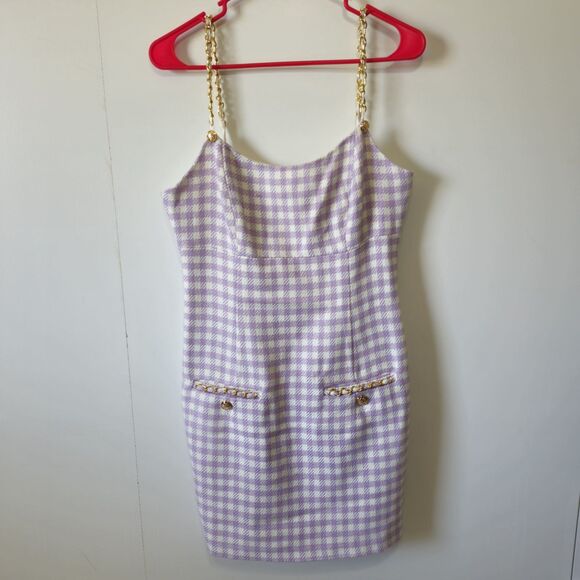 Dresses & Skirts - GUESS Caroline Tweed Mini Dress Purple Gingham Chain Strap Size 6 Chic